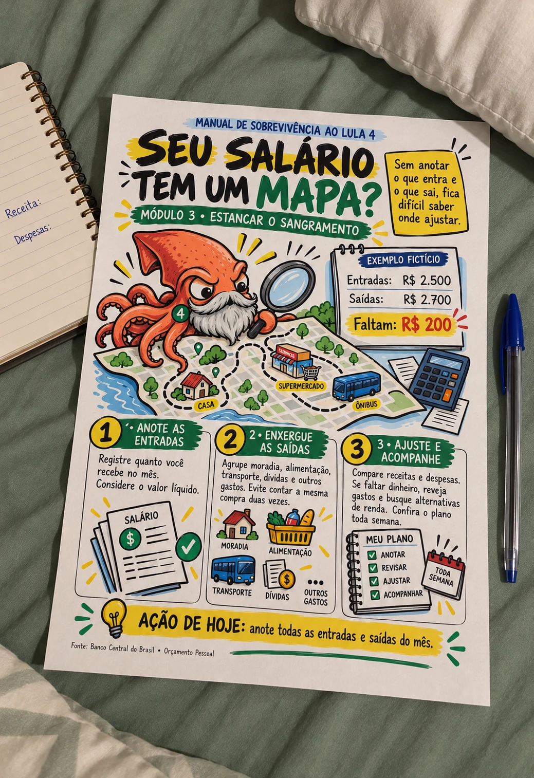 Ficha de orçamento ao lado de caderno e caneta